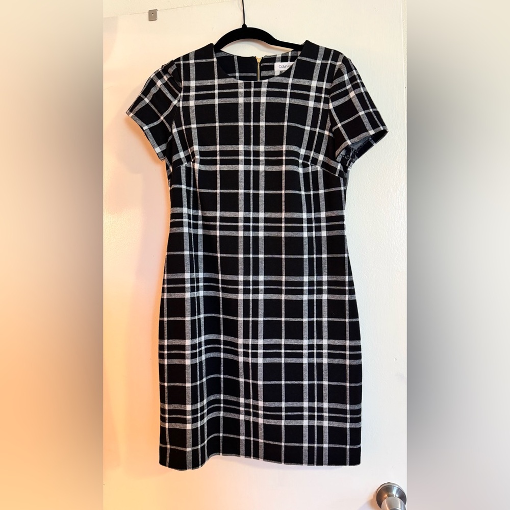 Calvin Klein Black and White Plaid Short-Sleeve Dress